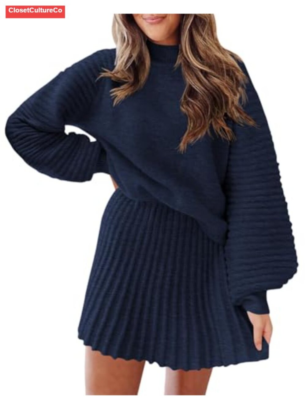 Women's 2 Piece Knit Sweater Set Puff Sleeve Top Mini Skirt Fall Outfit